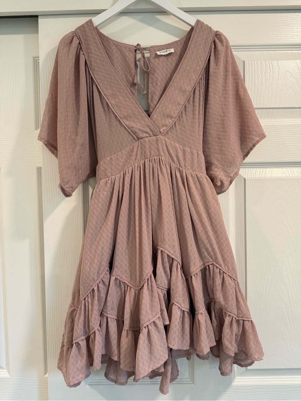 Storia Babydoll Short Sleeve Tiered V-Neck Boho Flowy Baby Pink Dress
